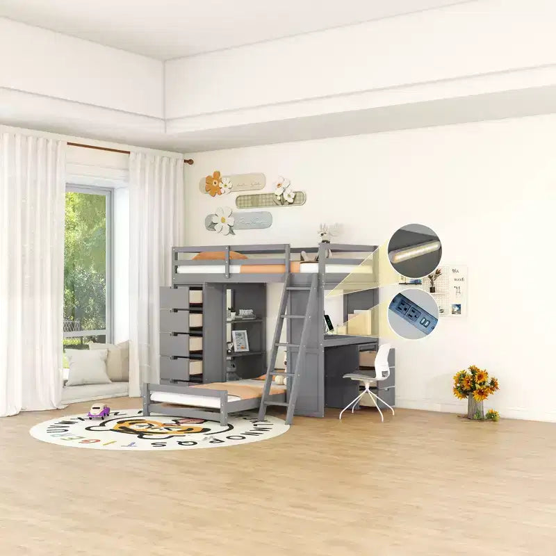 Lits superposés jumeaux séparables avec bureau et tiroirs, cadre de lit superposé en bois en forme de L avec ports USB et lumière LED pour enfants et adolescents