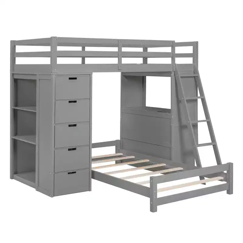 Lits superposés jumeaux séparables avec bureau et tiroirs, cadre de lit superposé en bois en forme de L avec ports USB et lumière LED pour enfants et adolescents