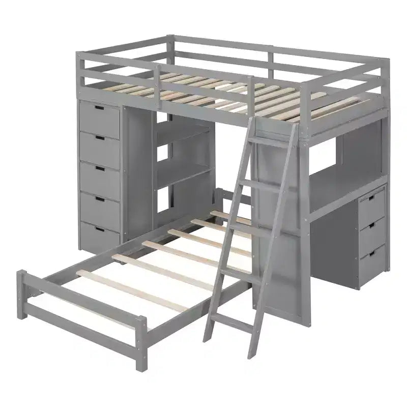 Lits superposés jumeaux séparables avec bureau et tiroirs, cadre de lit superposé en bois en forme de L avec ports USB et lumière LED pour enfants et adolescents