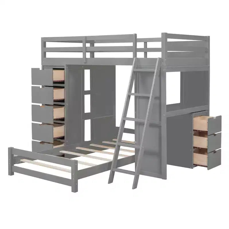 Lits superposés jumeaux séparables avec bureau et tiroirs, cadre de lit superposé en bois en forme de L avec ports USB et lumière LED pour enfants et adolescents