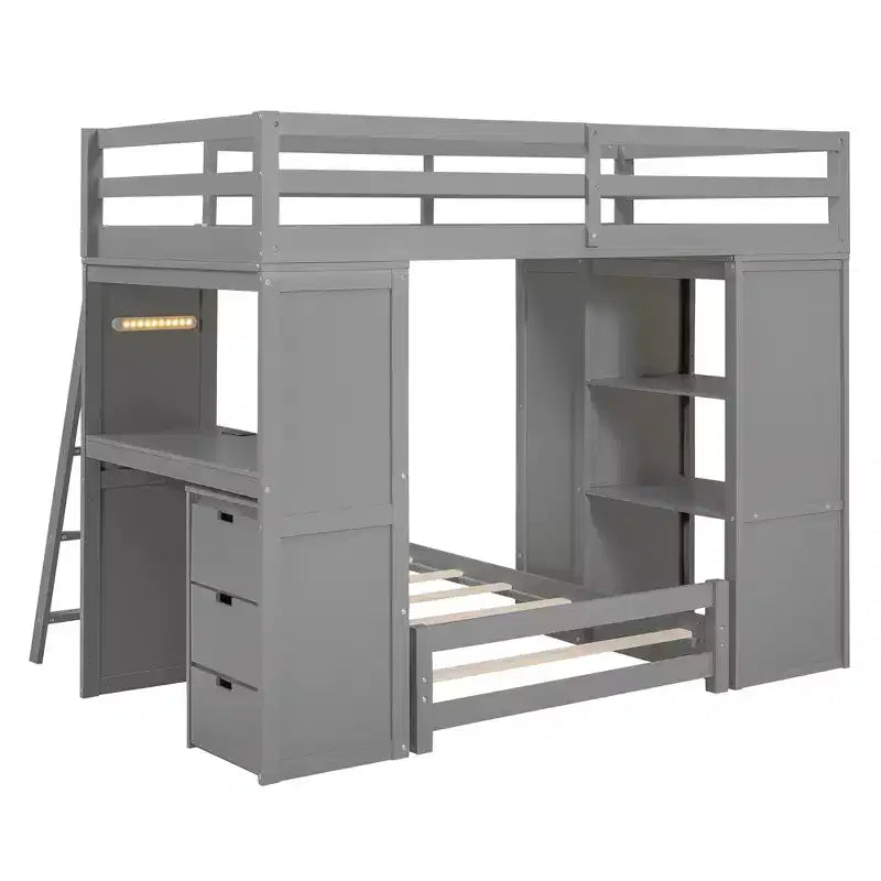 Lits superposés jumeaux séparables avec bureau et tiroirs, cadre de lit superposé en bois en forme de L avec ports USB et lumière LED pour enfants et adolescents