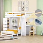 Lits superposés jumeaux séparables avec bureau et tiroirs, cadre de lit superposé en bois en forme de L avec ports USB et lumière LED pour enfants et adolescents