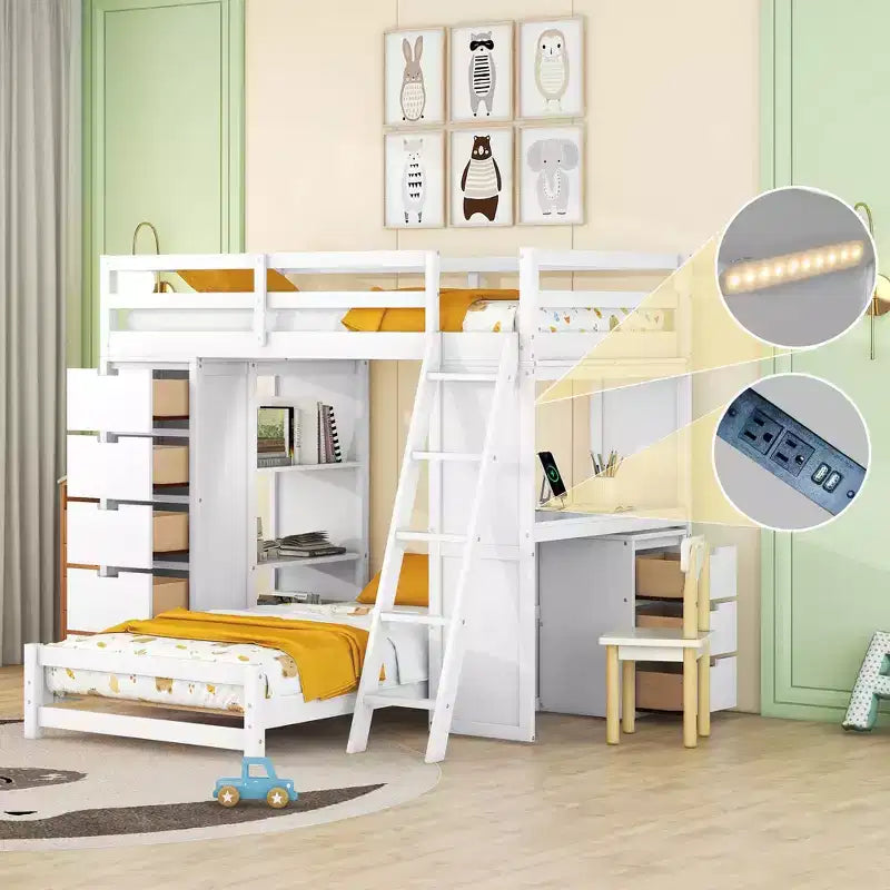Lits superposés jumeaux séparables avec bureau et tiroirs, cadre de lit superposé en bois en forme de L avec ports USB et lumière LED pour enfants et adolescents