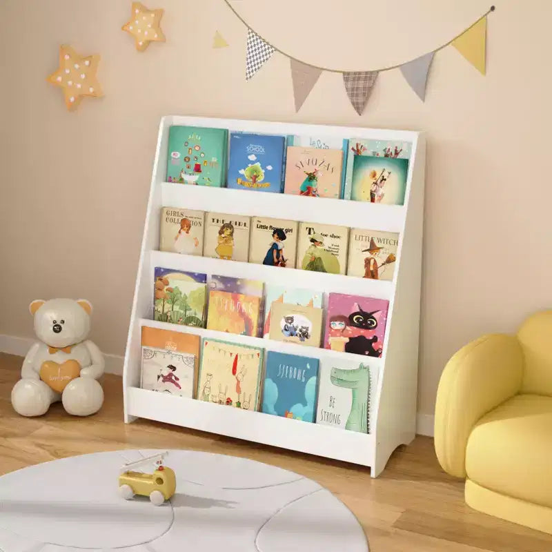 Étagère à livres 4 niveaux pour enfants, Présentoir à livres pour tout-petits, Aide à organiser les chambres à coucher, salles de jeux et salles de classe, Blanc