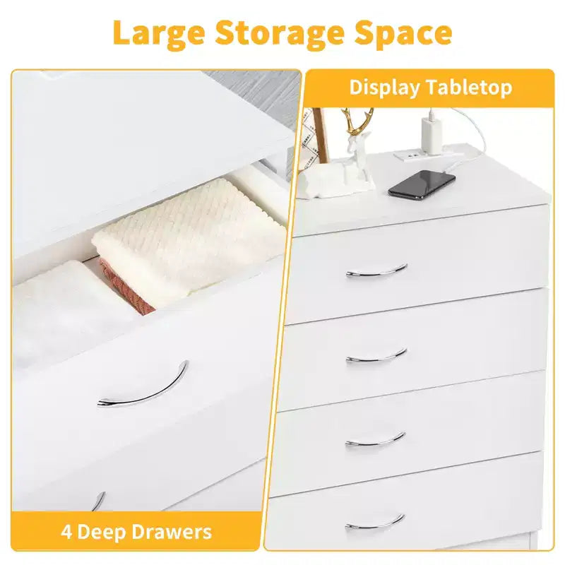 Table de chevet simple en bois PB à 4 tiroirs avec ports USB et prise, blanc