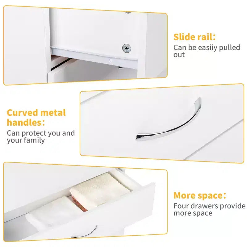 Table de chevet simple en bois PB à 4 tiroirs avec ports USB et prise, blanc