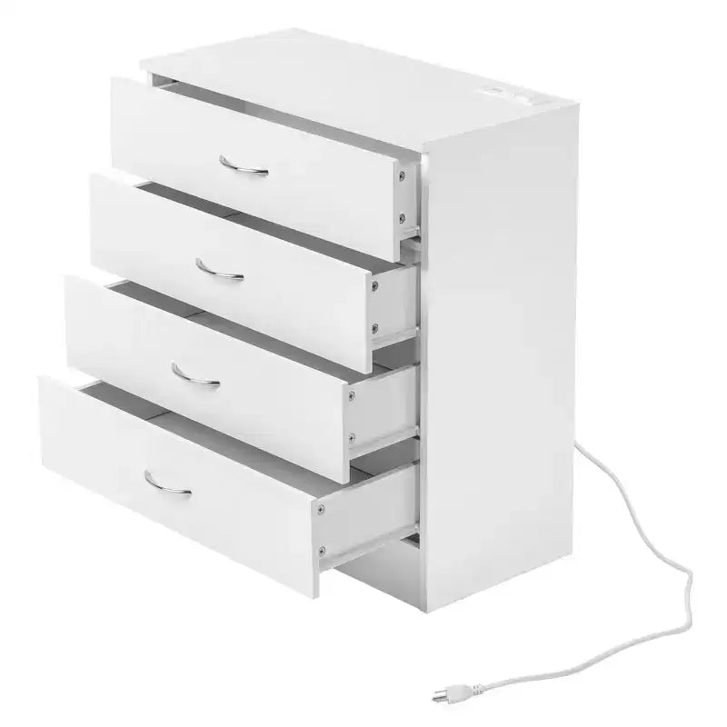 Table de chevet simple en bois PB à 4 tiroirs avec ports USB et prise, blanc