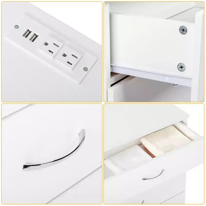 Table de chevet simple en bois PB à 4 tiroirs avec ports USB et prise, blanc
