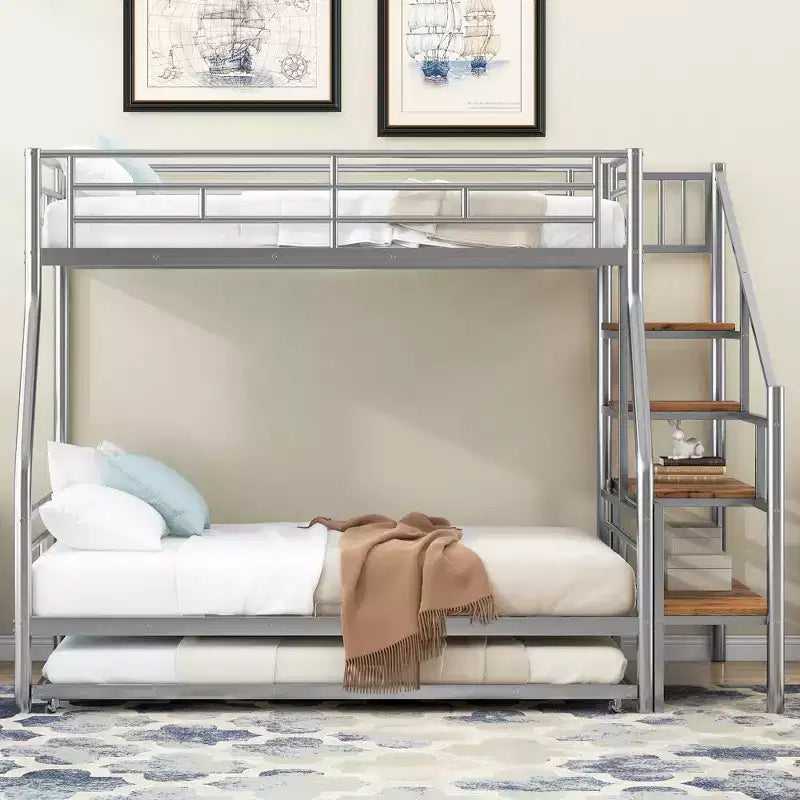 Lit superposé jumeau sur grand lit avec lit gigogne et escaliers, lit superposé robuste avec escalier de rangement pour chambre à coucher, dortoir