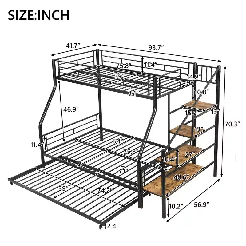 Lit superposé jumeau sur grand lit avec lit gigogne et escaliers, lit superposé robuste avec escalier de rangement pour chambre à coucher, dortoir