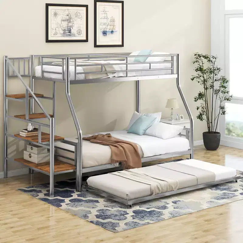 Lit superposé jumeau sur grand lit avec lit gigogne et escaliers, lit superposé robuste avec escalier de rangement pour chambre à coucher, dortoir