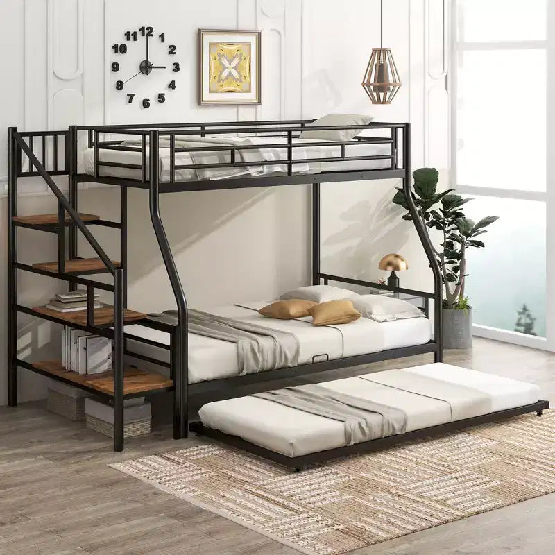 Lit superposé jumeau sur grand lit avec lit gigogne et escaliers, lit superposé robuste avec escalier de rangement pour chambre à coucher, dortoir