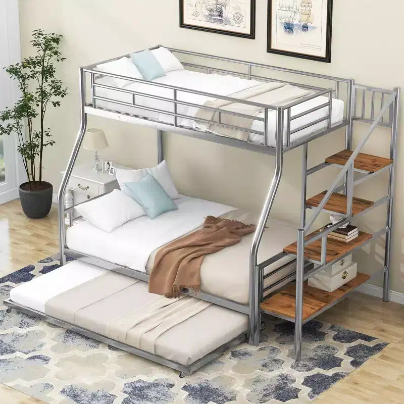 Lit superposé jumeau sur grand lit avec lit gigogne et escaliers, lit superposé robuste avec escalier de rangement pour chambre à coucher, dortoir