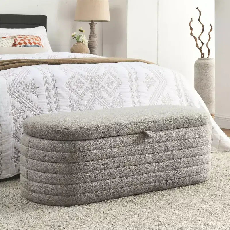 Banc de rangement ottoman rembourré moderne GustoWave, repose-pieds rembourré avec charnière de sécurité, tissu lin, 47 cm P x 115,5 cm L, gris