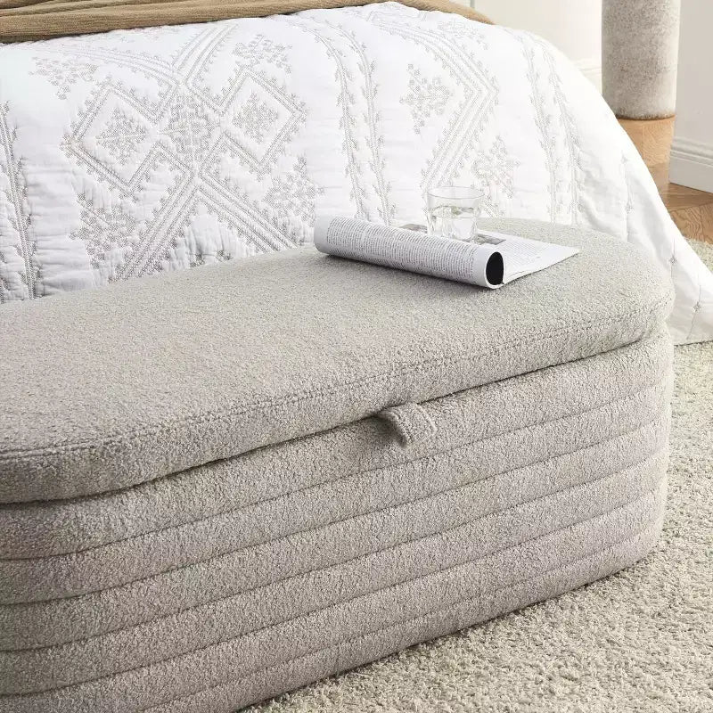 Banc de rangement ottoman rembourré moderne GustoWave, repose-pieds rembourré avec charnière de sécurité, tissu lin, 47 cm P x 115,5 cm L, gris