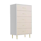 Commode haute et étroite en bois blanc à 5 tiroirs avec poignées et pieds en métal doré pour chambre, salon, entrée