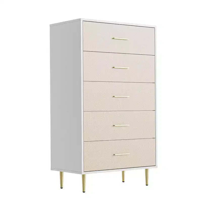 Commode haute et étroite en bois blanc à 5 tiroirs avec poignées et pieds en métal doré pour chambre, salon, entrée