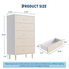 Commode haute et étroite en bois blanc à 5 tiroirs avec poignées et pieds en métal doré pour chambre, salon, entrée