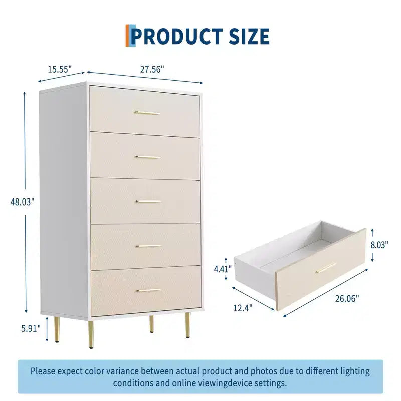 Commode haute et étroite en bois blanc à 5 tiroirs avec poignées et pieds en métal doré pour chambre, salon, entrée