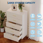 Commode haute et étroite en bois blanc à 5 tiroirs avec poignées et pieds en métal doré pour chambre, salon, entrée