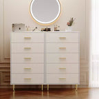 Commode haute et étroite en bois blanc à 5 tiroirs avec poignées et pieds en métal doré pour chambre, salon, entrée