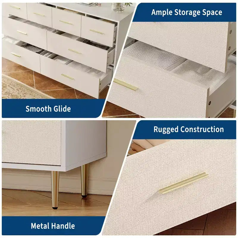 Commode haute et étroite en bois blanc à 5 tiroirs avec poignées et pieds en métal doré pour chambre, salon, entrée