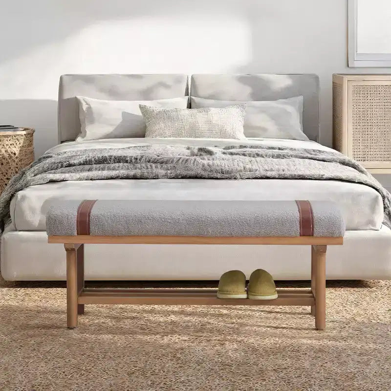 Banc rembourré en polaire Bekrvio 44 pouces – Cadre en bois massif, banc moderne du milieu du siècle avec sangles en PU pour salon, chambre à coucher