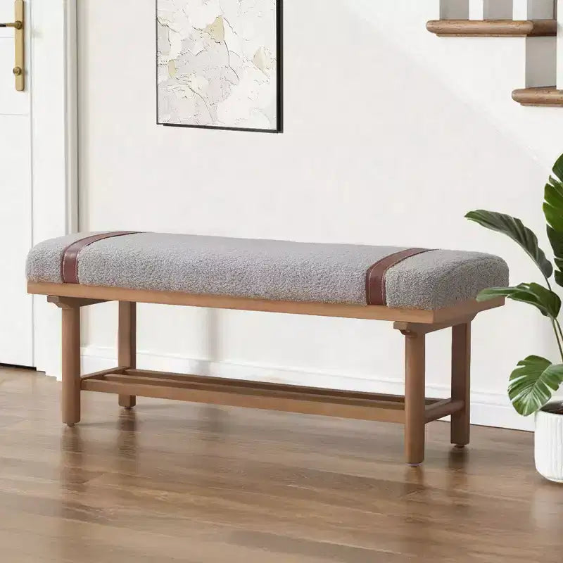 Banc rembourré en polaire Bekrvio 44 pouces – Cadre en bois massif, banc moderne du milieu du siècle avec sangles en PU pour salon, chambre à coucher