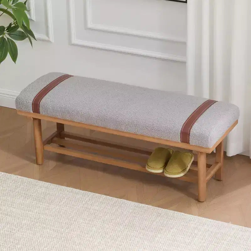 Banc rembourré en polaire Bekrvio 44 pouces – Cadre en bois massif, banc moderne du milieu du siècle avec sangles en PU pour salon, chambre à coucher