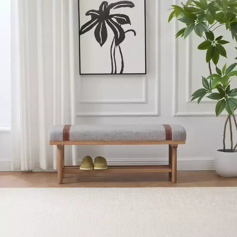 Banc rembourré en polaire Bekrvio 44 pouces – Cadre en bois massif, banc moderne du milieu du siècle avec sangles en PU pour salon, chambre à coucher