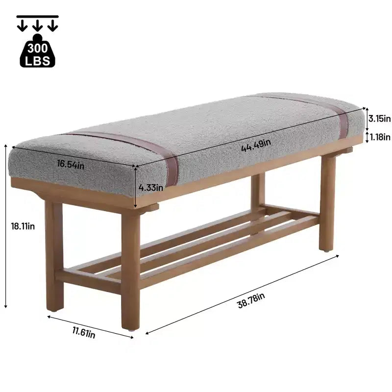 Banc rembourré en polaire Bekrvio 44 pouces – Cadre en bois massif, banc moderne du milieu du siècle avec sangles en PU pour salon, chambre à coucher