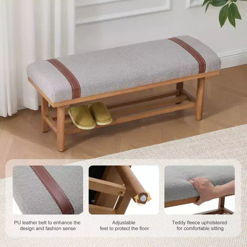 Banc rembourré en polaire Bekrvio 44 pouces – Cadre en bois massif, banc moderne du milieu du siècle avec sangles en PU pour salon, chambre à coucher