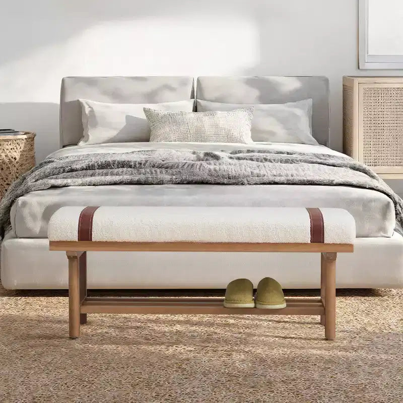 Banc rembourré en polaire Bekrvio 44 pouces – Cadre en bois massif, banc moderne du milieu du siècle avec sangles en PU pour salon, chambre à coucher
