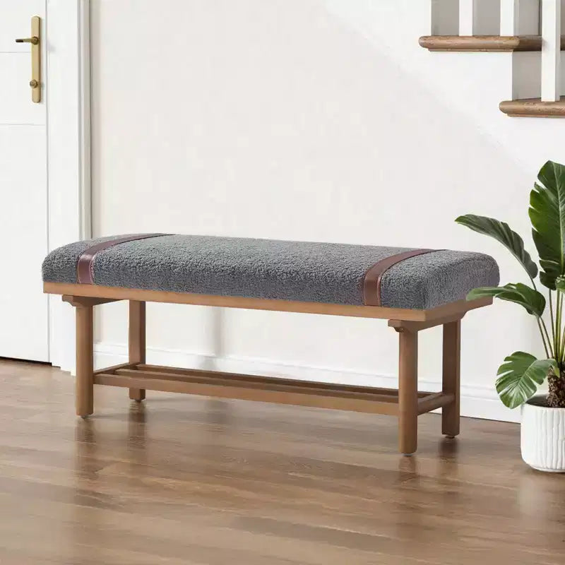 Banc rembourré en polaire Bekrvio 44 pouces – Cadre en bois massif, banc moderne du milieu du siècle avec sangles en PU pour salon, chambre à coucher