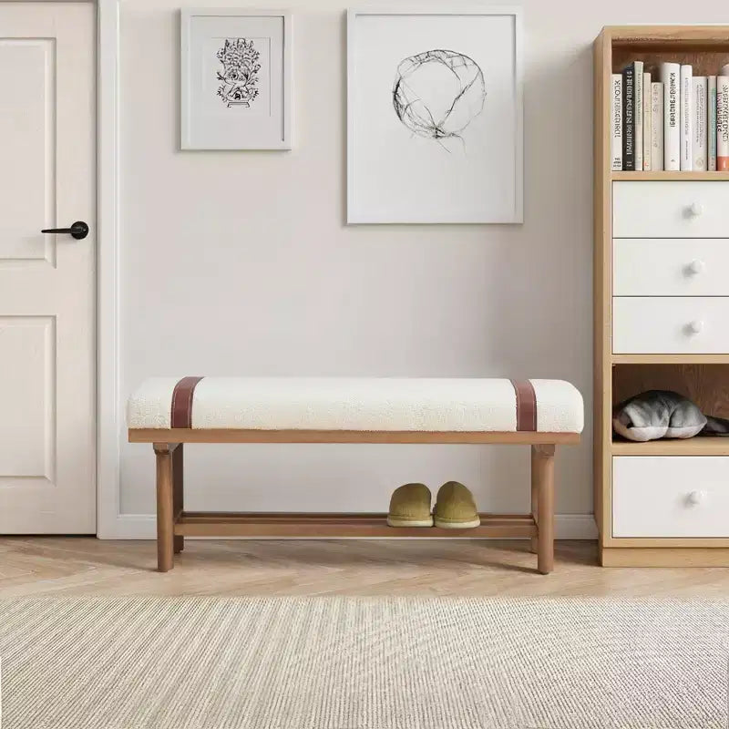 Banc rembourré en polaire Bekrvio 44 pouces – Cadre en bois massif, banc moderne du milieu du siècle avec sangles en PU pour salon, chambre à coucher