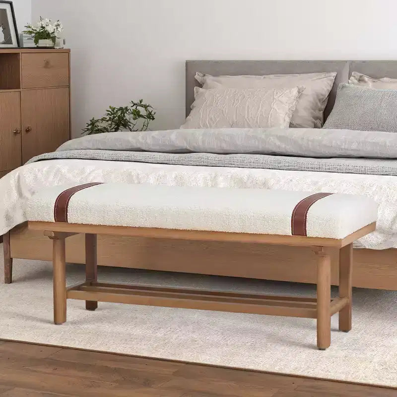 Banc rembourré en polaire Bekrvio 44 pouces – Cadre en bois massif, banc moderne du milieu du siècle avec sangles en PU pour salon, chambre à coucher