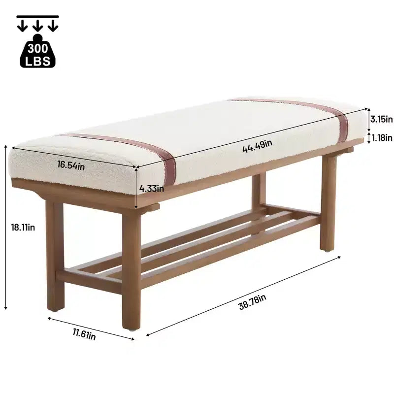 Banc rembourré en polaire Bekrvio 44 pouces – Cadre en bois massif, banc moderne du milieu du siècle avec sangles en PU pour salon, chambre à coucher