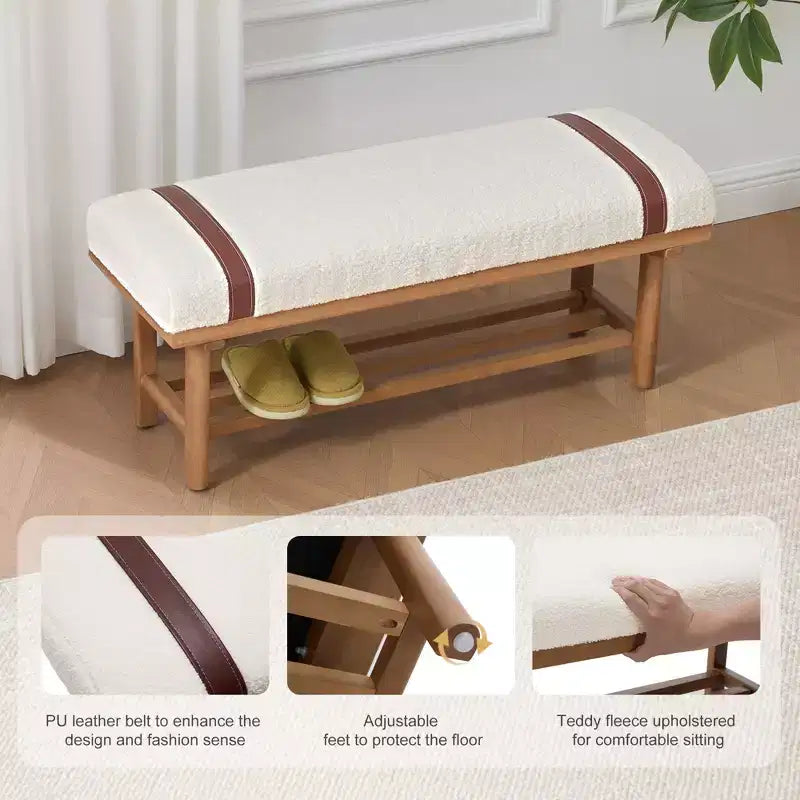 Banc rembourré en polaire Bekrvio 44 pouces – Cadre en bois massif, banc moderne du milieu du siècle avec sangles en PU pour salon, chambre à coucher