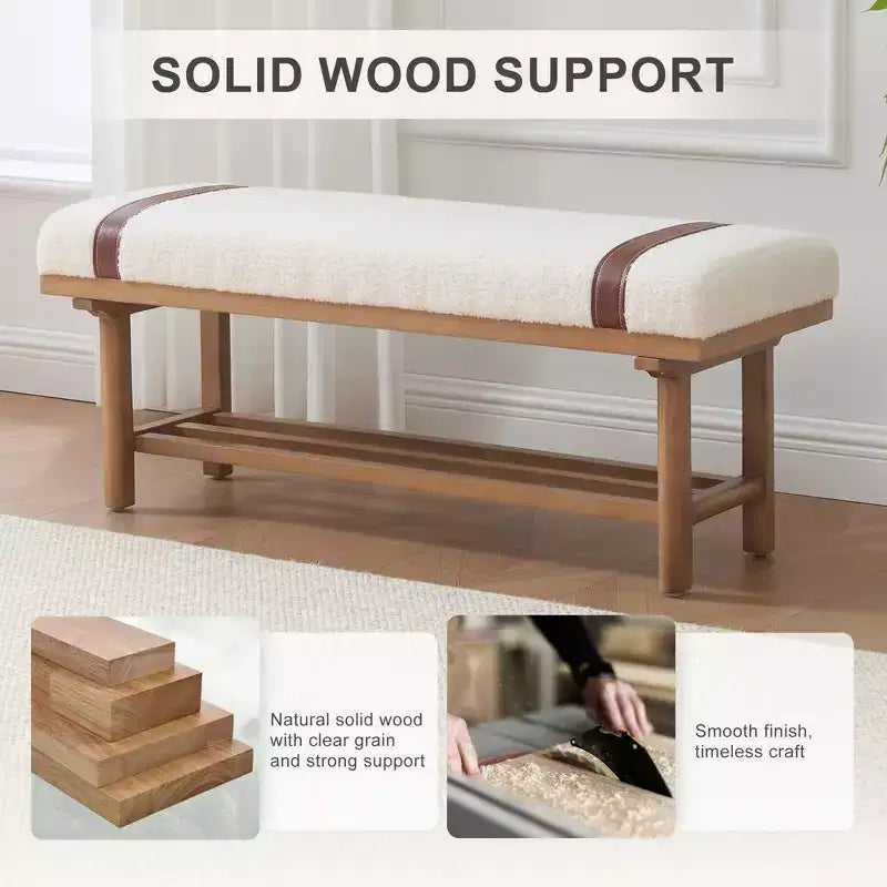 Banc rembourré en polaire Bekrvio 44 pouces – Cadre en bois massif, banc moderne du milieu du siècle avec sangles en PU pour salon, chambre à coucher