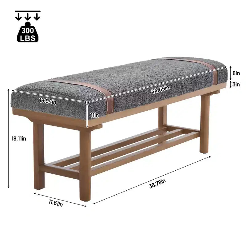 Banc rembourré en polaire Bekrvio 44 pouces – Cadre en bois massif, banc moderne du milieu du siècle avec sangles en PU pour salon, chambre à coucher