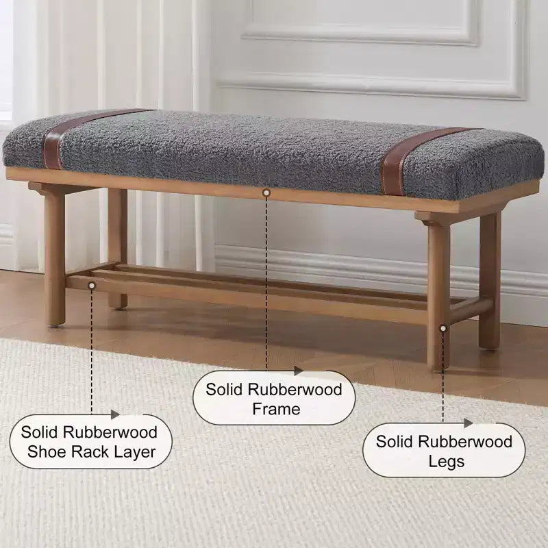Banc rembourré en polaire Bekrvio 44 pouces – Cadre en bois massif, banc moderne du milieu du siècle avec sangles en PU pour salon, chambre à coucher