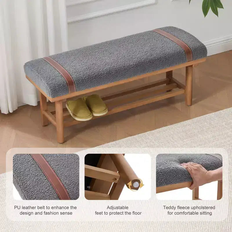 Banc rembourré en polaire Bekrvio 44 pouces – Cadre en bois massif, banc moderne du milieu du siècle avec sangles en PU pour salon, chambre à coucher