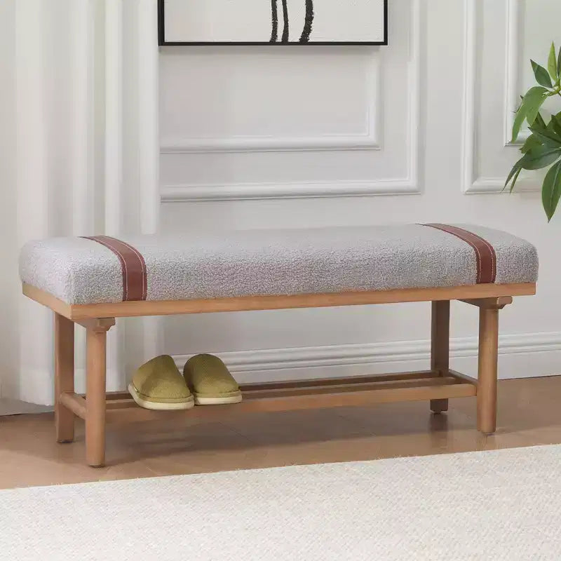 Banc rembourré en polaire Bekrvio 44 pouces – Cadre en bois massif, banc moderne du milieu du siècle avec sangles en PU pour salon, chambre à coucher