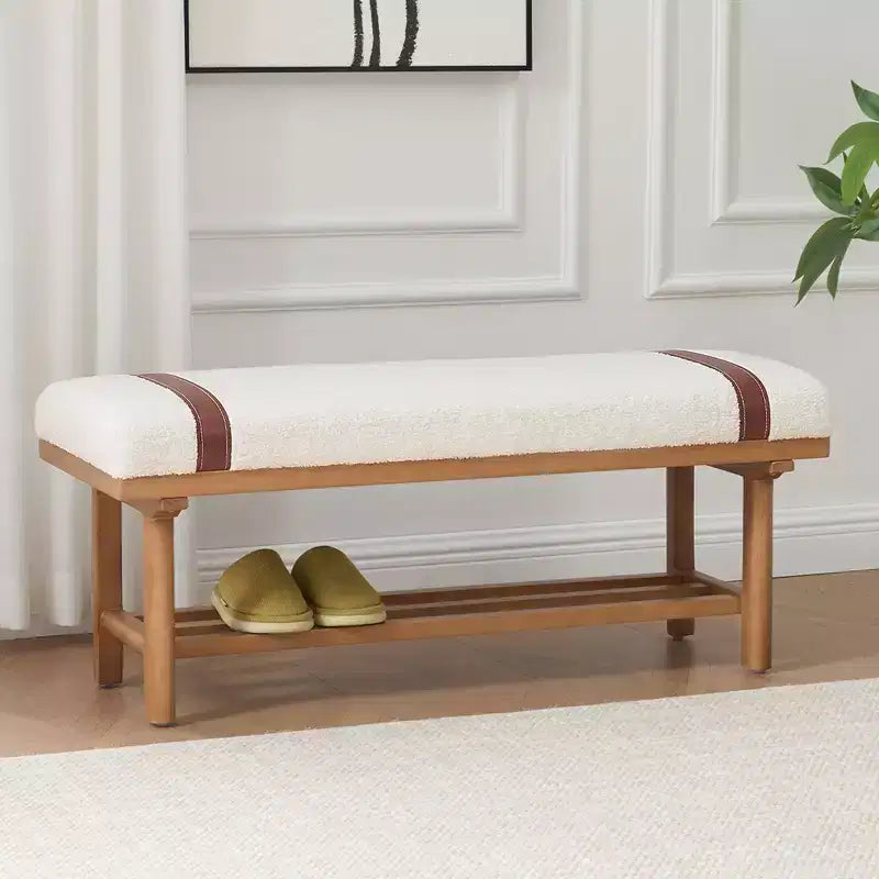 Banc rembourré en polaire Bekrvio 44 pouces – Cadre en bois massif, banc moderne du milieu du siècle avec sangles en PU pour salon, chambre à coucher