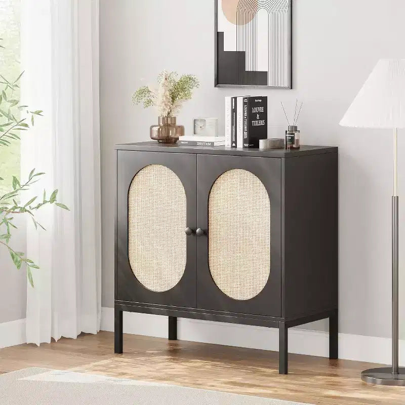 Meuble buffet en rotin avec étagère réglable, buffet de style bohème-fermier pour salle à manger, entrée et salon