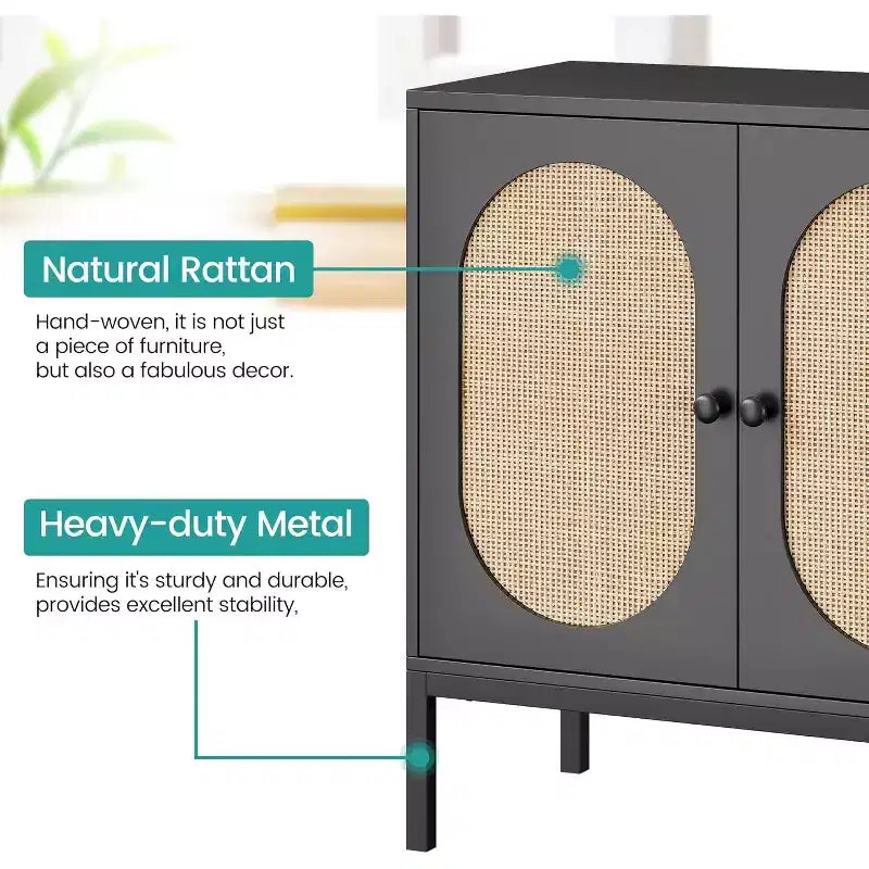 Meuble buffet en rotin avec étagère réglable, buffet de style bohème-fermier pour salle à manger, entrée et salon