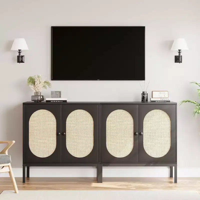 Meuble buffet en rotin avec étagère réglable, buffet de style bohème-fermier pour salle à manger, entrée et salon