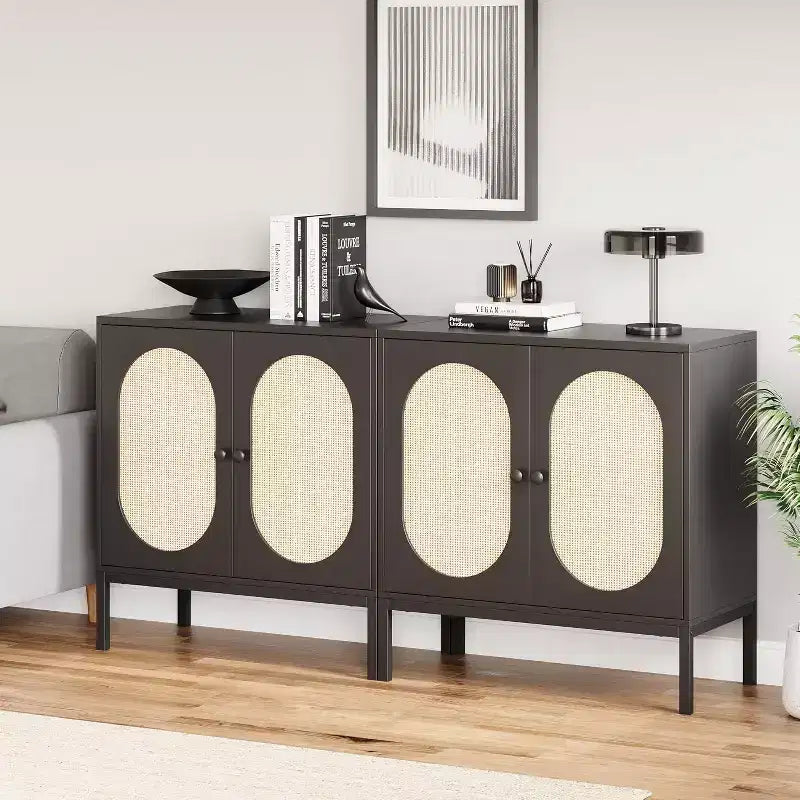 Meuble buffet en rotin avec étagère réglable, buffet de style bohème-fermier pour salle à manger, entrée et salon