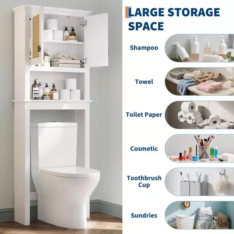 Meuble de rangement 63 au-dessus des toilettes, organisateur de salle de bain de style ferme au-dessus des toilettes avec portes en rotin, meuble de rangement autoportant en bois au-dessus des toilettes, blanc