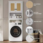 Meuble de rangement 63 au-dessus des toilettes, organisateur de salle de bain de style ferme au-dessus des toilettes avec portes en rotin, meuble de rangement autoportant en bois au-dessus des toilettes, blanc